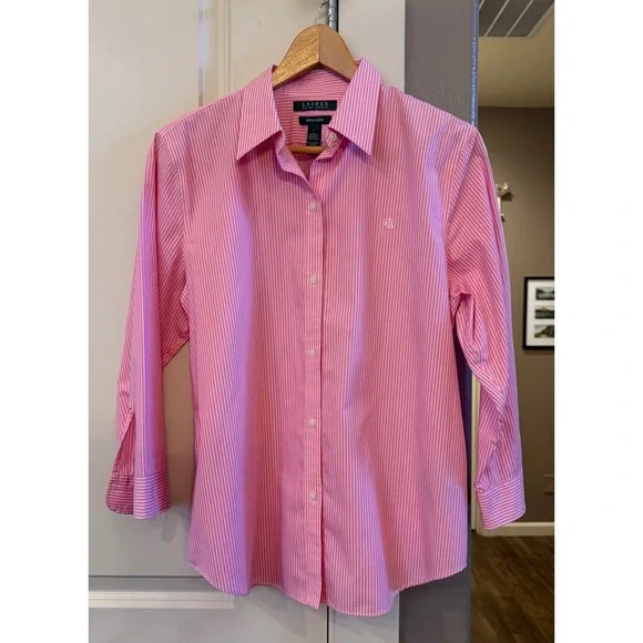Wm LRL Lauren Ralph Lauren Pink and White Striped L No Iron Button Down Shirt - Picture 10 of 10